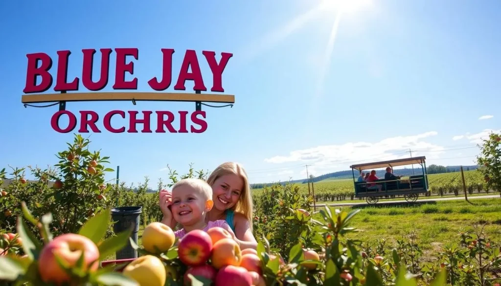 An image of a family picking apples at Blue Jay Orchards, with a hayride in the background.