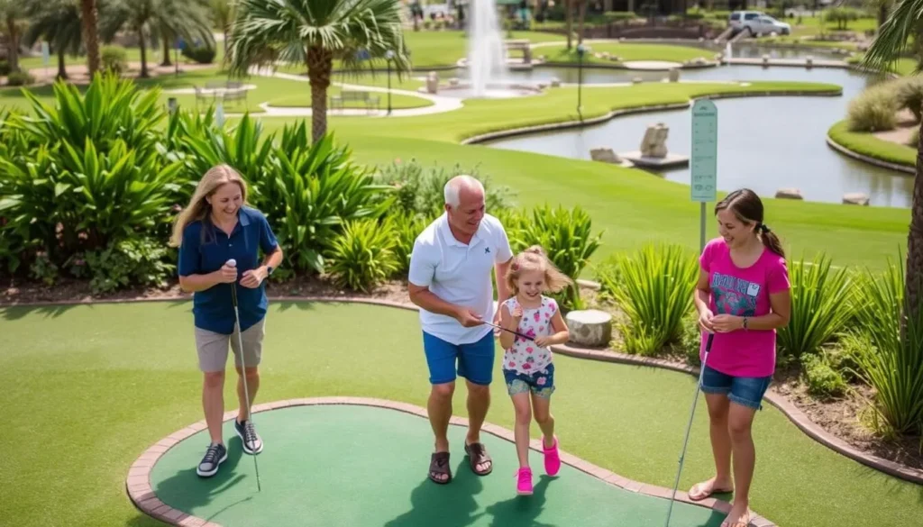 An image of a family playing mini golf at Marco Golf and Gardens, surrounded by lush greenery and water features.