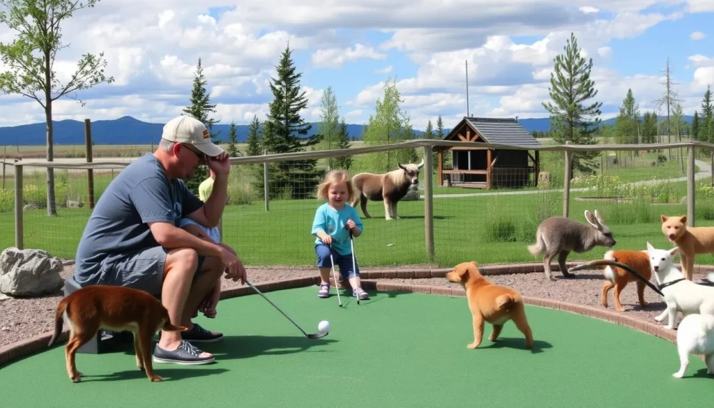 An image of a family playing mini golf surrounded by animals at Putt n Pets Mini Golf in Grand Marais.