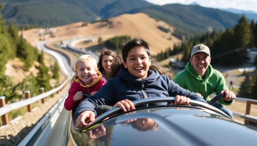 An image of a family riding the Alpine Slide at Lutsen Mountains.