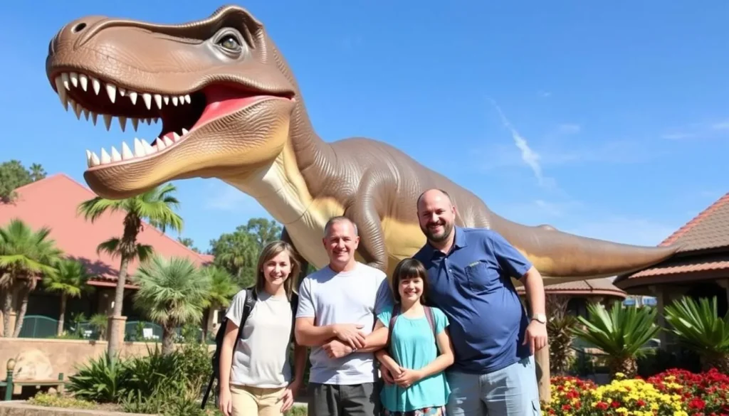 An image of a family standing in front of a T-Rex sculpture at Dinosaur World