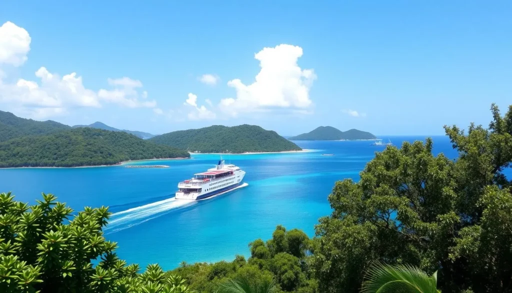 An image of a ferry approaching Jost Van Dyke