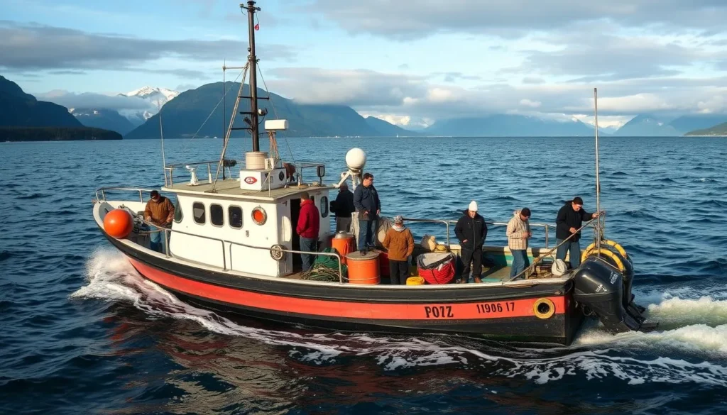 An image of a fishing boat in the waters of Ketchikan with fishermen on board.