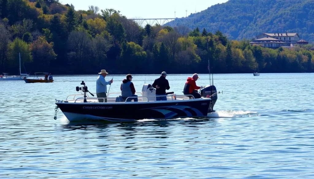 An image of a fishing boat on Kentucky Lake with anglers catching fish.