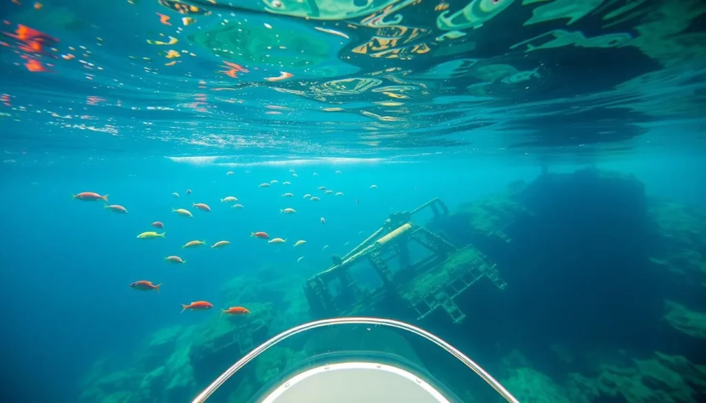 An image of a glass-bottom boat tour or a shipwreck visible through the glass bottom