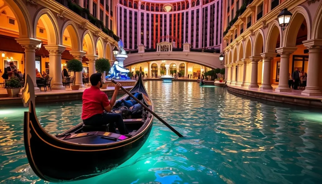 An image of a gondola ride at The Venetian resort in Las Vegas, with a gondoler singing as he navigates through the indoor canal.