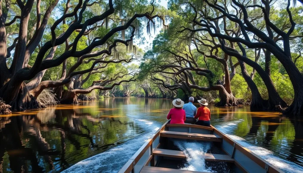 An image of a guided boat tour navigating through the cypress groves of the Atchafalaya Basin. An image of a guided boat tour navigating through the cypress groves of the Atchafalaya Basin.