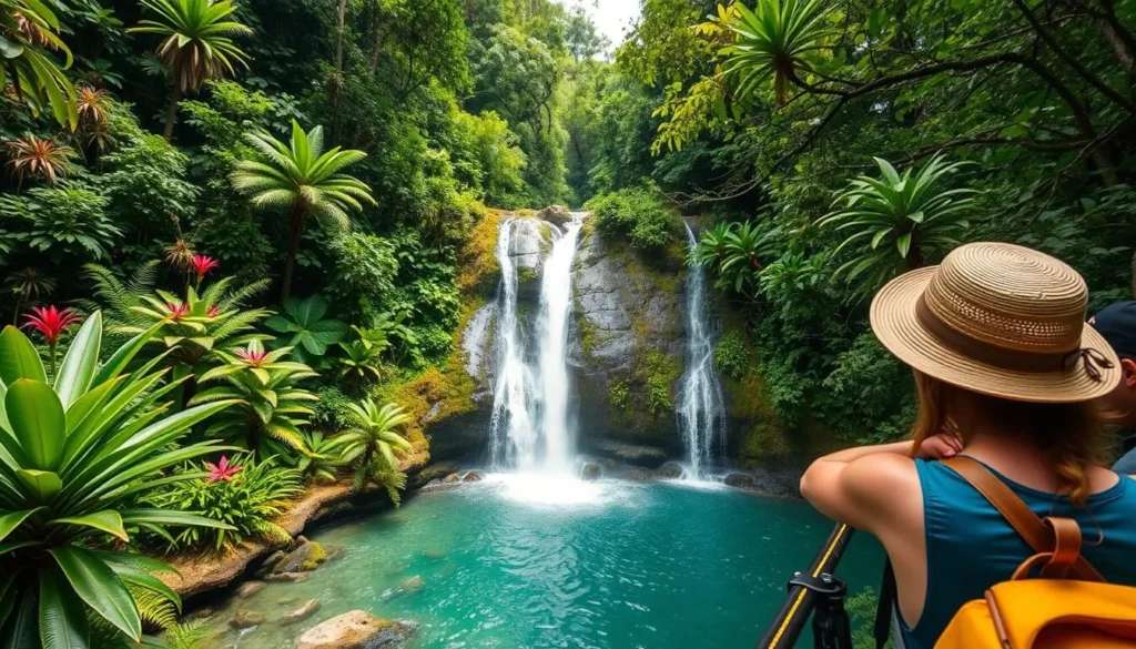 An image of a guided tour in the Daintree Rainforest, showcasing its lush vegetation and crystal-clear waterfalls.