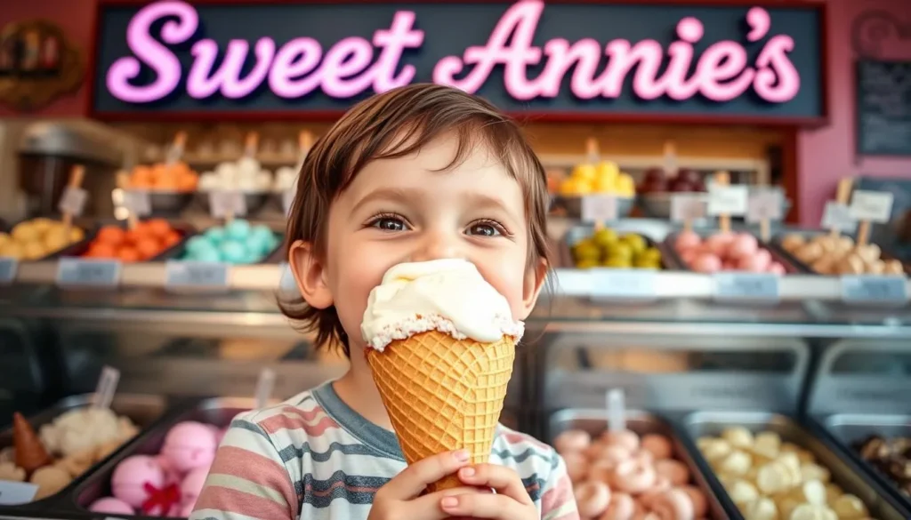 An image of a happy child enjoying a cone of ice cream at Sweet Annie's Ice Cream parlor, with a colorful background of ice cream flavors.