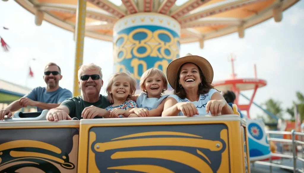 An image of a happy family enjoying the rides at Arzo Amusement Park in Alpena, Michigan.