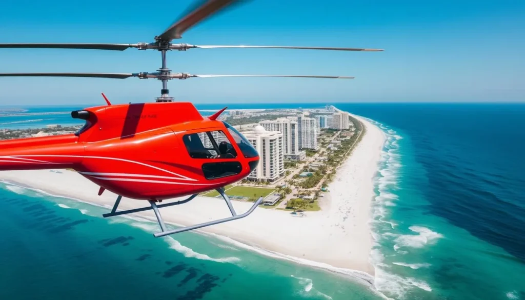 An image of a helicopter flying over Daytona Beach coastline