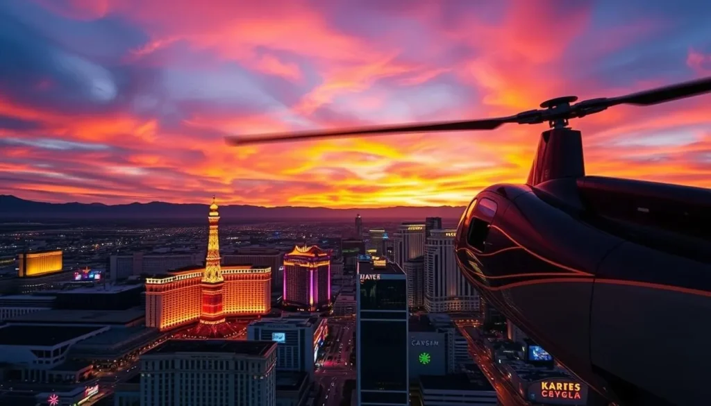 An image of a helicopter flying over the Las Vegas Strip at sunset