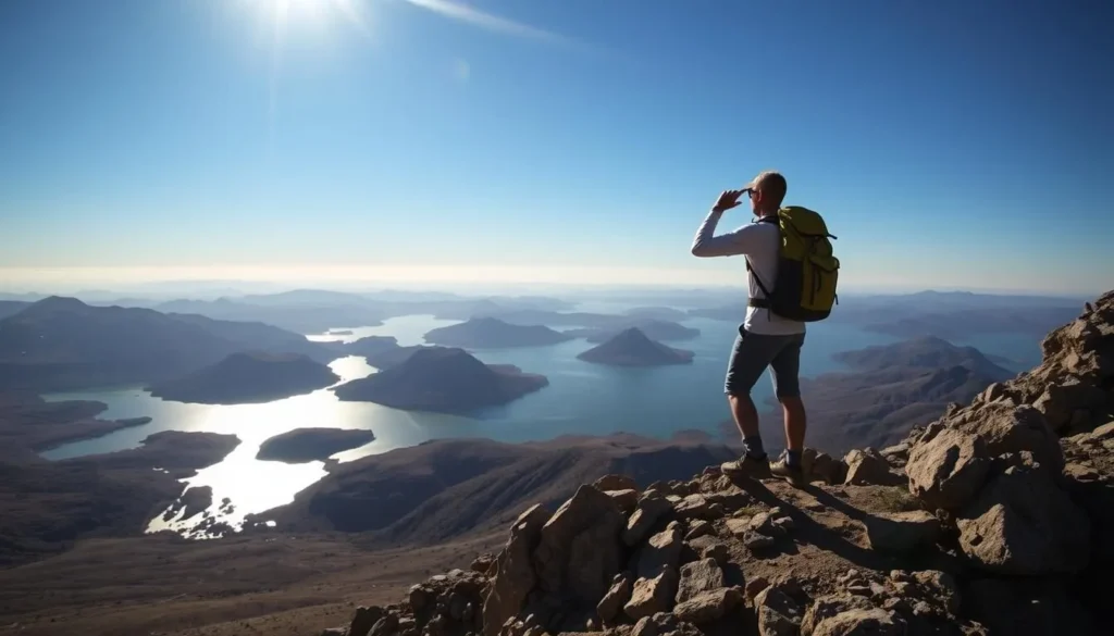 An image of a hiker at the summit of Sage Mountain National Park, overlooking the islands.