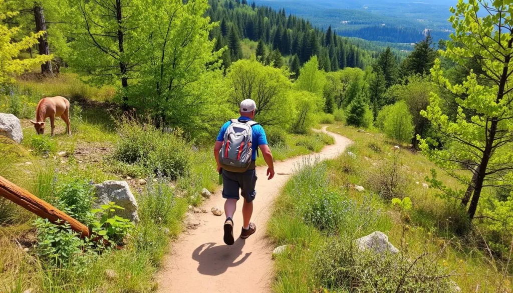 An image of a hiker on a trail in Wildcat Park, surrounded by lush greenery and wildlife.
