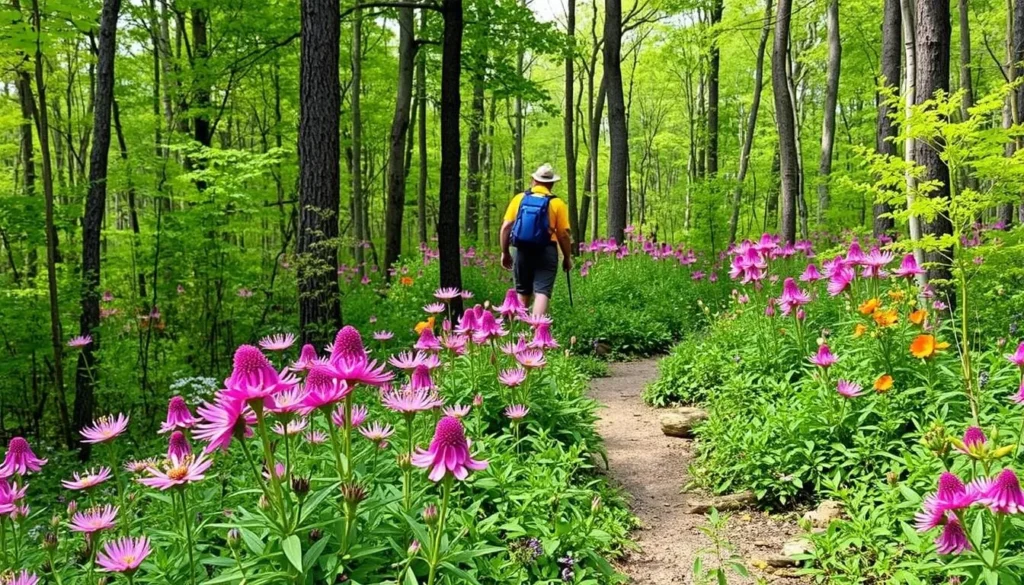 An image of a hiker on the Wild Azalea Trail in Kisatchie National Forest, surrounded by blooming wildflowers. An image of a hiker on the Wild Azalea Trail in Kisatchie National Forest, surrounded by blooming wildflowers.