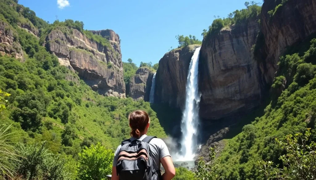 An image of a hiker standing in front of a waterfall in Chapada dos Veadeiros National Park.