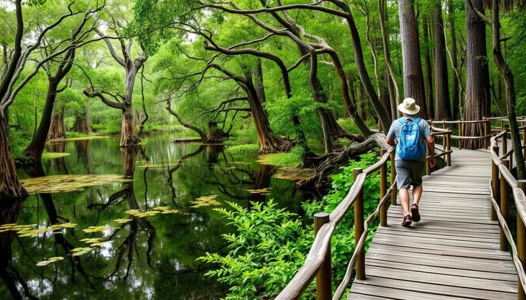An image of a hiker walking on a boardwalk trail through the cypress-tupelo swamps of Jean Lafitte National Historical Park. An image of a hiker walking on a boardwalk trail through the cypress-tupelo swamps of Jean Lafitte National Historical Park.