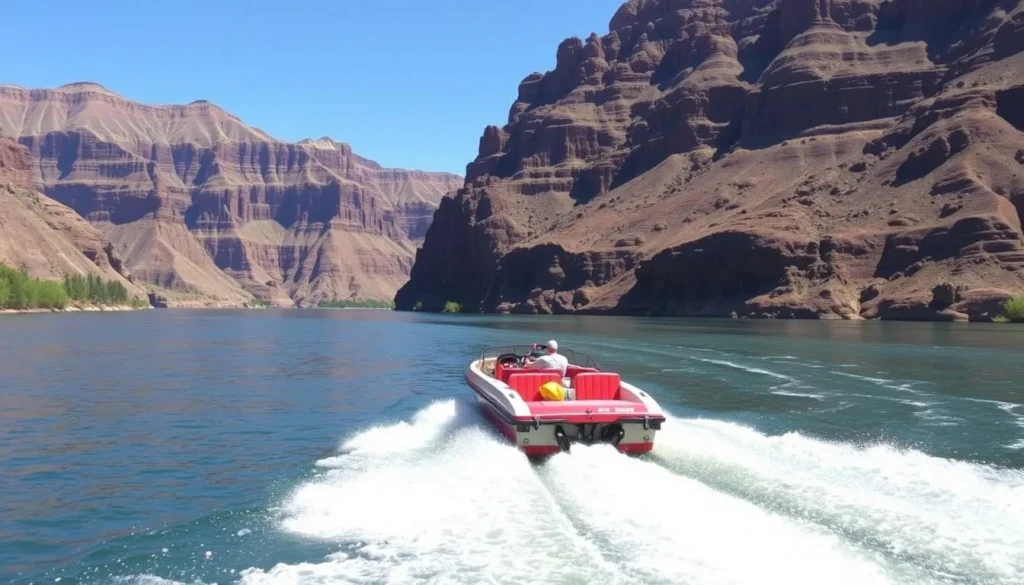An image of a jet boat speeding across the Snake River, with Hells Canyon in the background