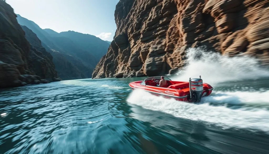 An image of a jet boat speeding through the narrow canyons of the Shotover River.