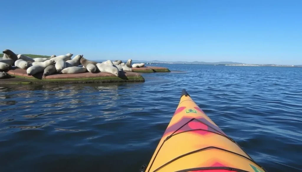 An image of a kayak paddling through Narragansett Bay, with seals visible on the rocks.
