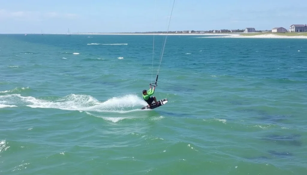 An image of a kiteboarder in action on the waters of Hatteras Island