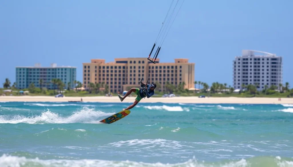 An image of a kitesurfer performing a trick at Atlantis Beach