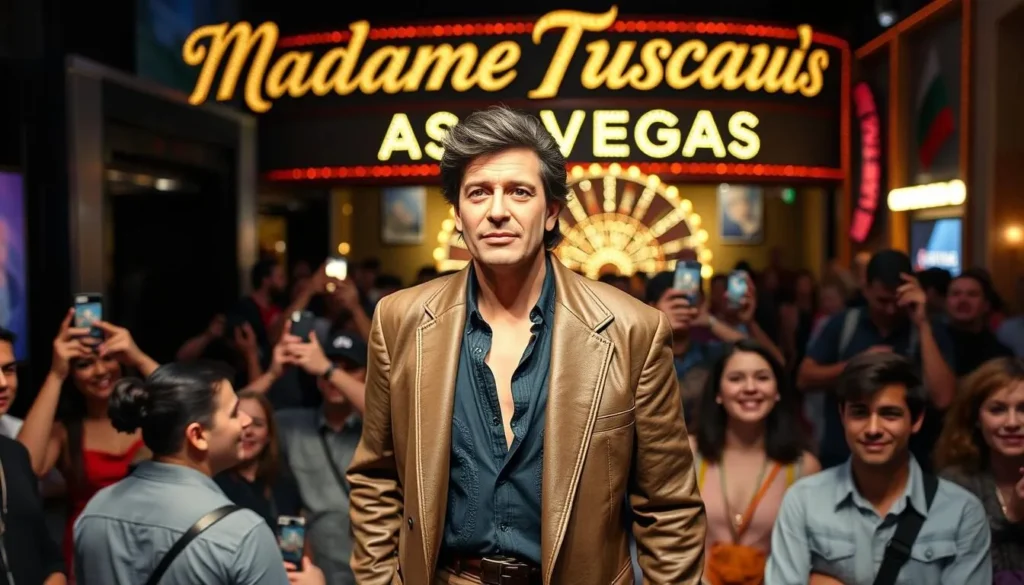 An image of a lifelike wax figure at Madame Tussauds Las Vegas, with visitors taking photos in the background.