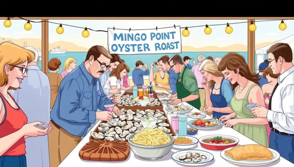 An image of a lively Mingo Point Oyster Roast event with people enjoying oysters and other local cuisine.