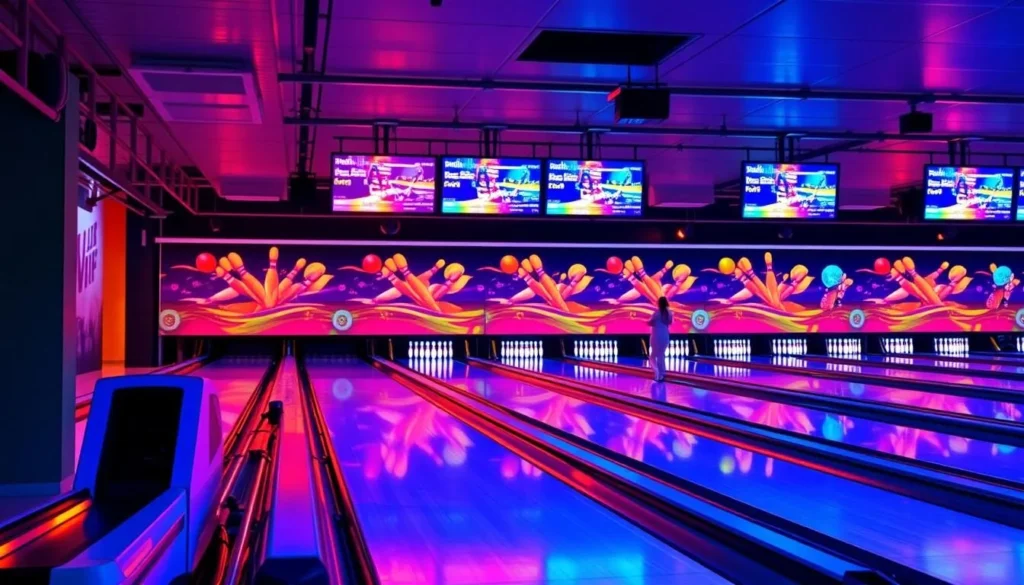 An image of a lively bowling alley with lanes and pins.