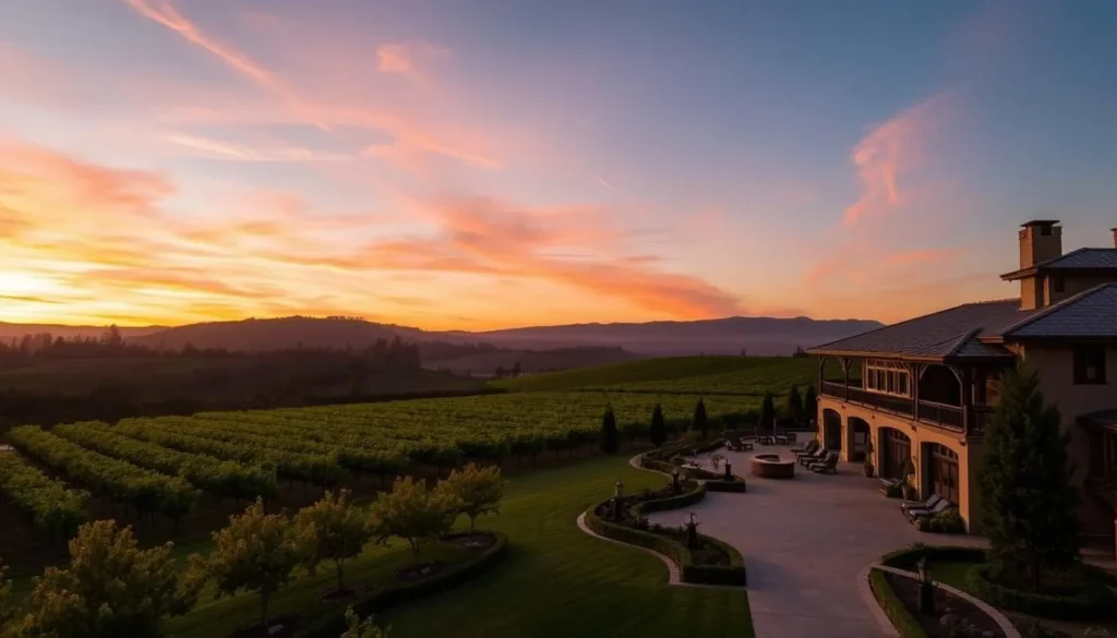 An image of a luxurious resort in Napa Valley with vineyards in the background.
