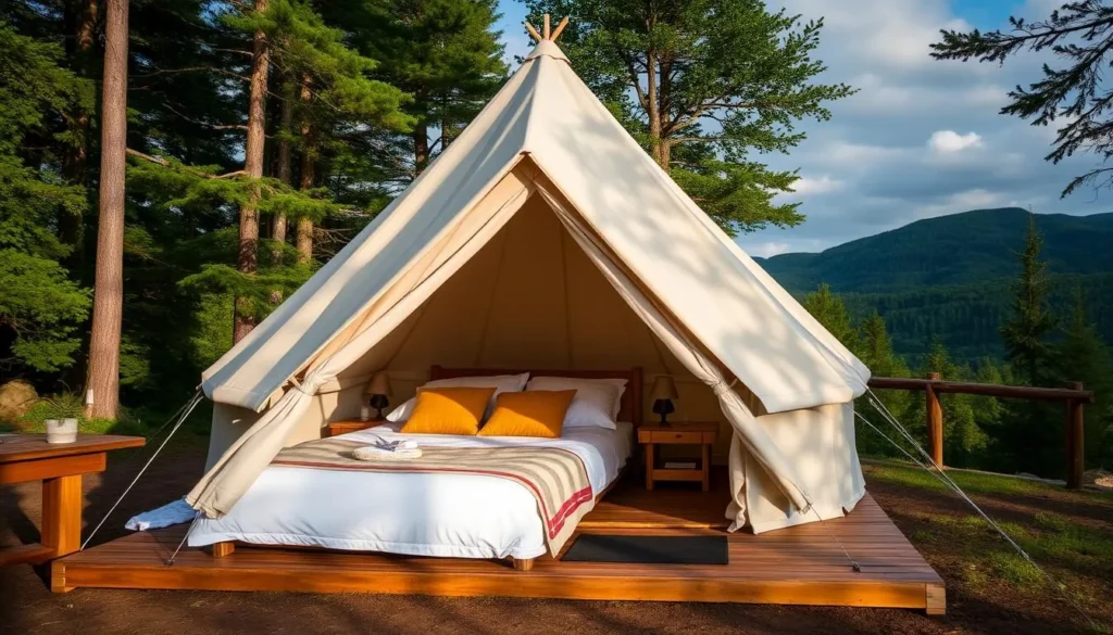 An image of a luxury canvas tent at Huttopia Adirondacks