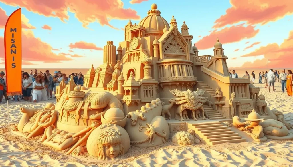 An image of a massive sand sculpture at the Atlantis Rising Sand Sculpture Competition.