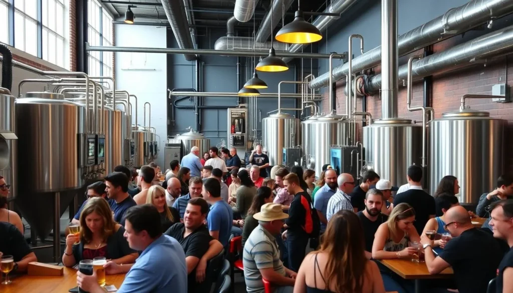 An image of a modern brewery with a large taproom and people enjoying craft beers.