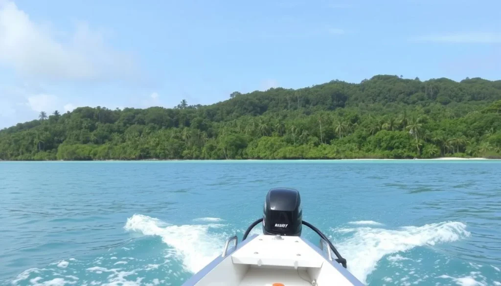 An image of a motorized canoe navigating through the calm waters of the Cocos (Keeling) Islands.
