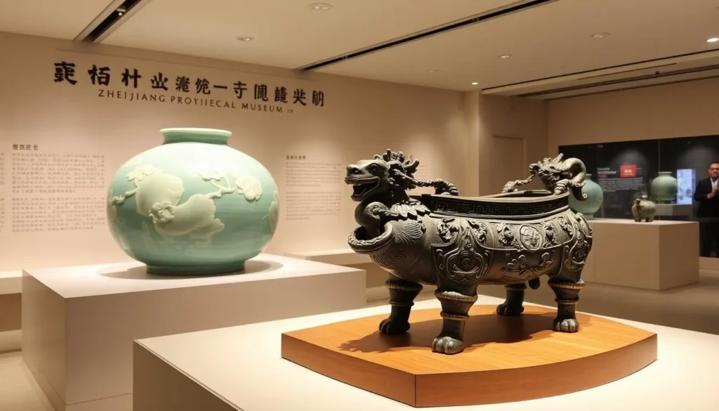 An image of a notable exhibit at the Zhejiang Provincial Museum, such as a piece of celadon porcelain or an ancient bronze artifact.
