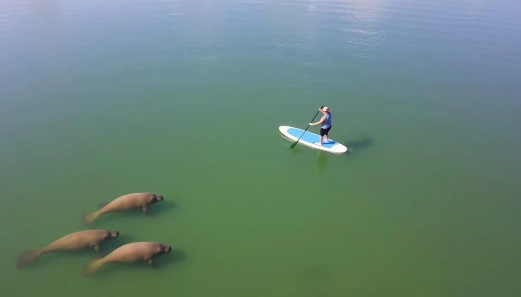 An image of a paddleboarder gliding across the Banana River Lagoon with manatees in the water.