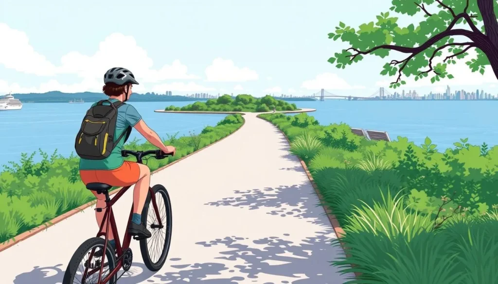 An image of a person biking on a path around Governors Island