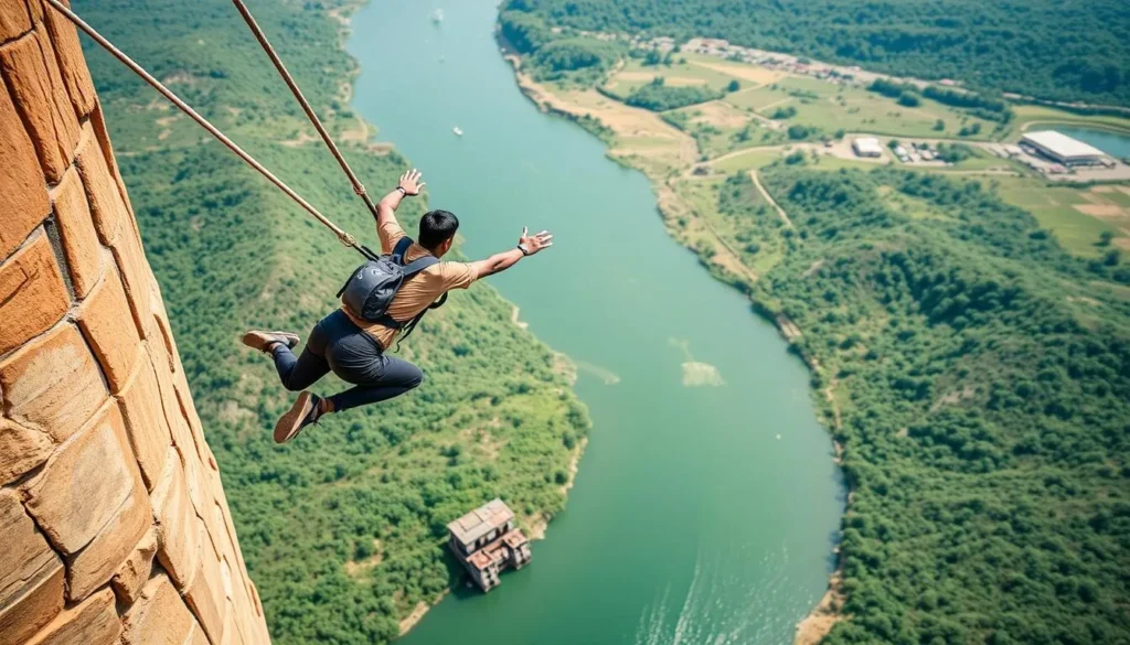An image of a person bungee jumping from the Sagana tower, with the Tana River below.