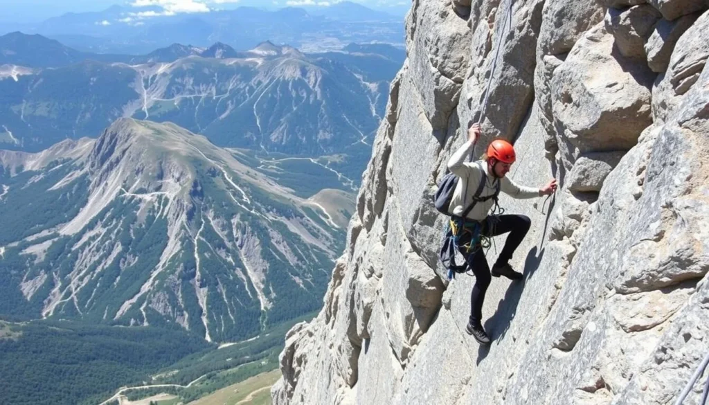 An image of a person climbing a cliff face using the Via Ferrata system at Southeast Mountain Guides.