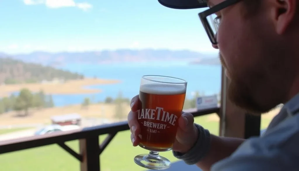 An image of a person enjoying a craft beer at Lake Time Brewery with a scenic view of Clear Lake in the background.