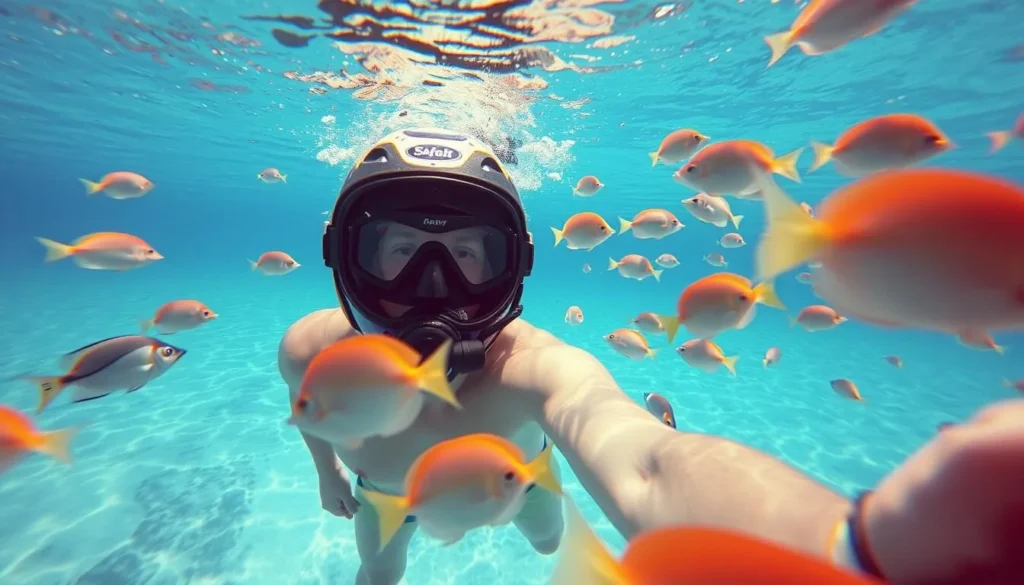 An image of a person helmet diving in Boracay's clear waters, observing fish.