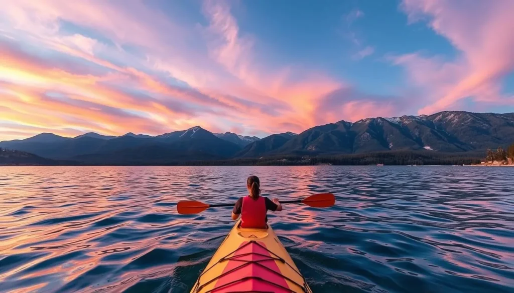 An image of a person kayaking on Lake Tahoe with surrounding mountains. An image of a person kayaking on Lake Tahoe with surrounding mountains.