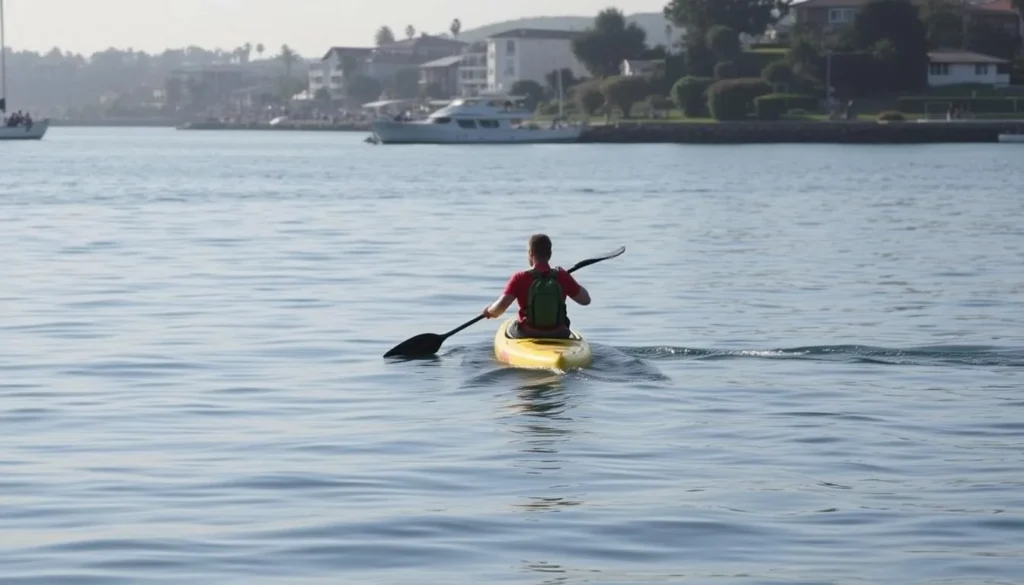 An image of a person kayaking or paddleboarding in the calm waters of King Harbor, Redondo Beach.