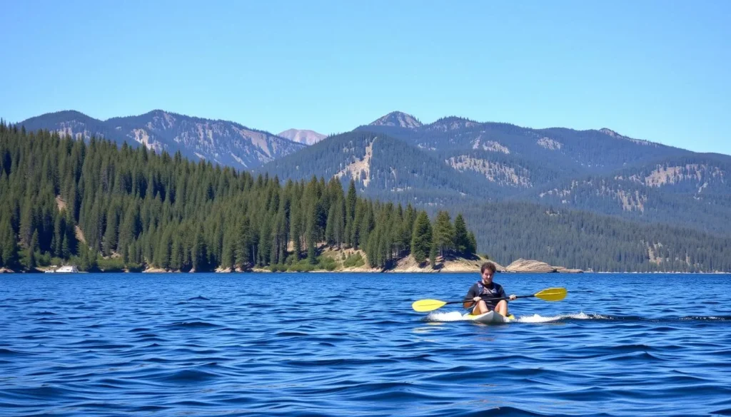 An image of a person kayaking or paddleboarding on Big Bear Lake.