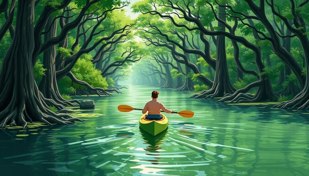 An image of a person kayaking through the cypress swamp in Cache River State Natural Area