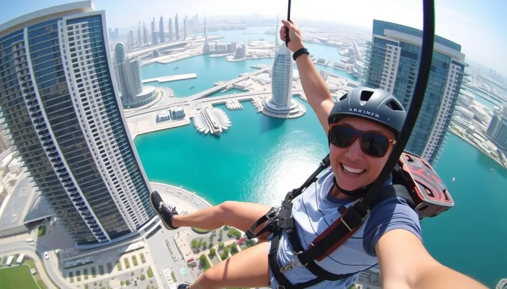 An image of a person on the XLine Dubai Marina zipline