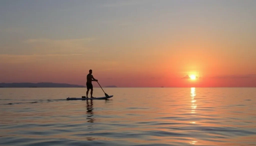 An image of a person paddleboarding in Boracay's calm waters during sunset.