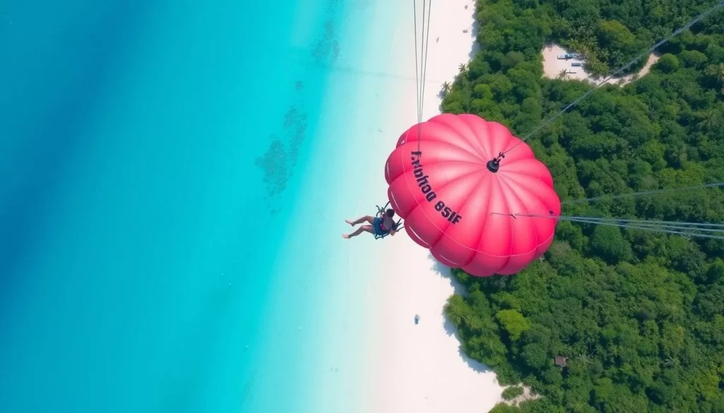 An image of a person parasailing above Boracay Island's white sandy beaches.