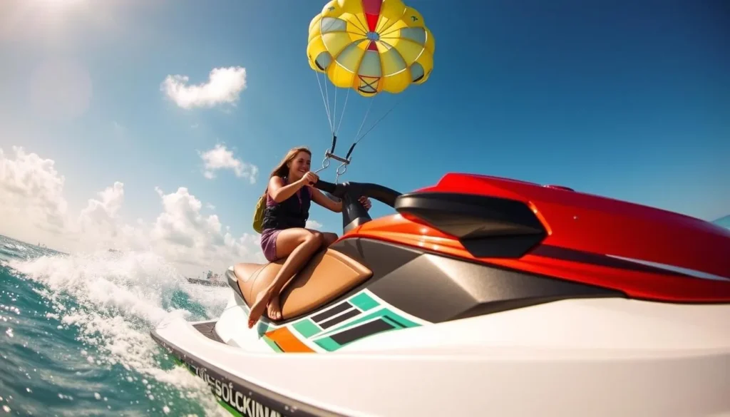An image of a person parasailing above Cocoa Beach with a jet ski in the foreground.
