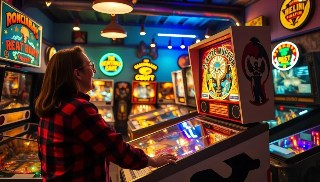 An image of a person playing a vintage pinball machine at the Electromagnetic Pinball Museum.